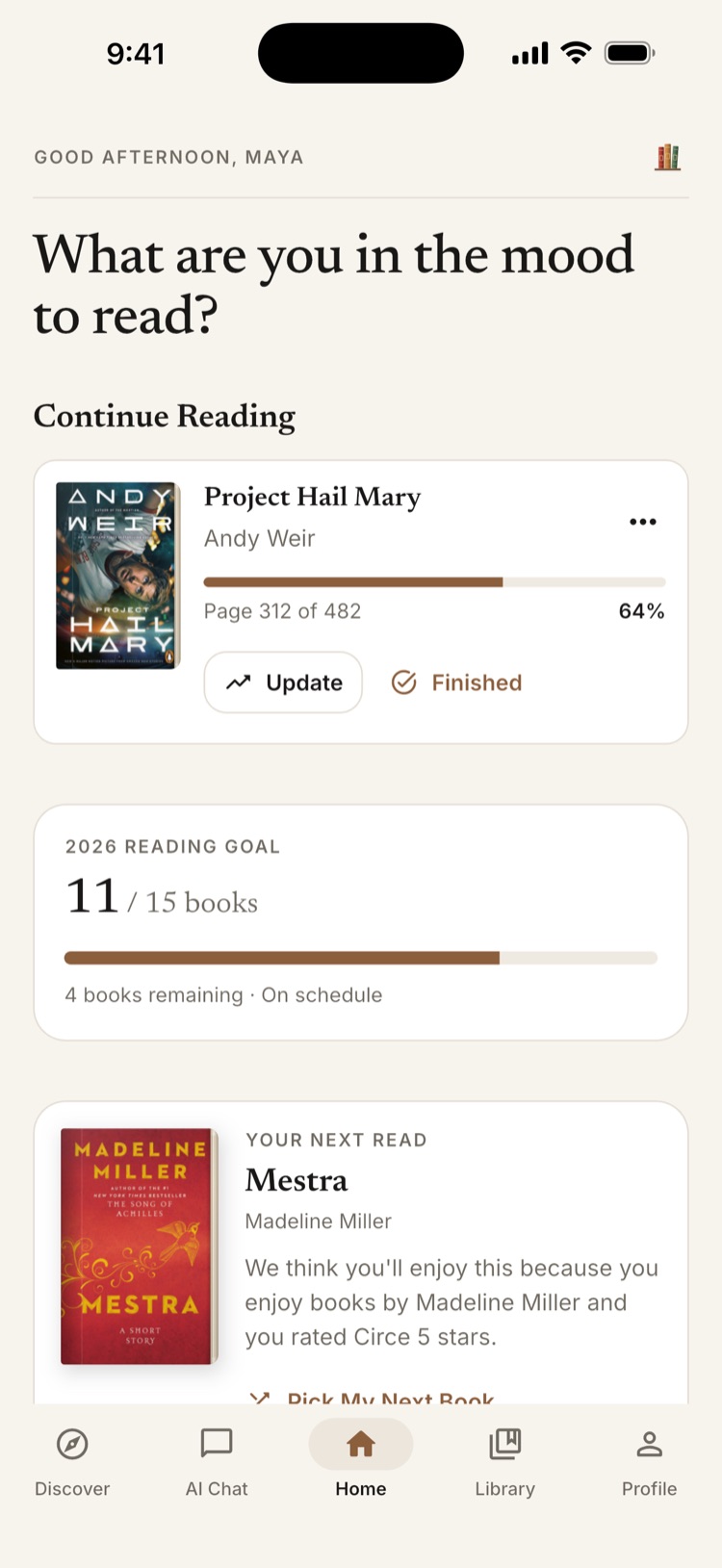 Book Club+ home screen with Continue Reading, a yearly reading goal and Your Next Read