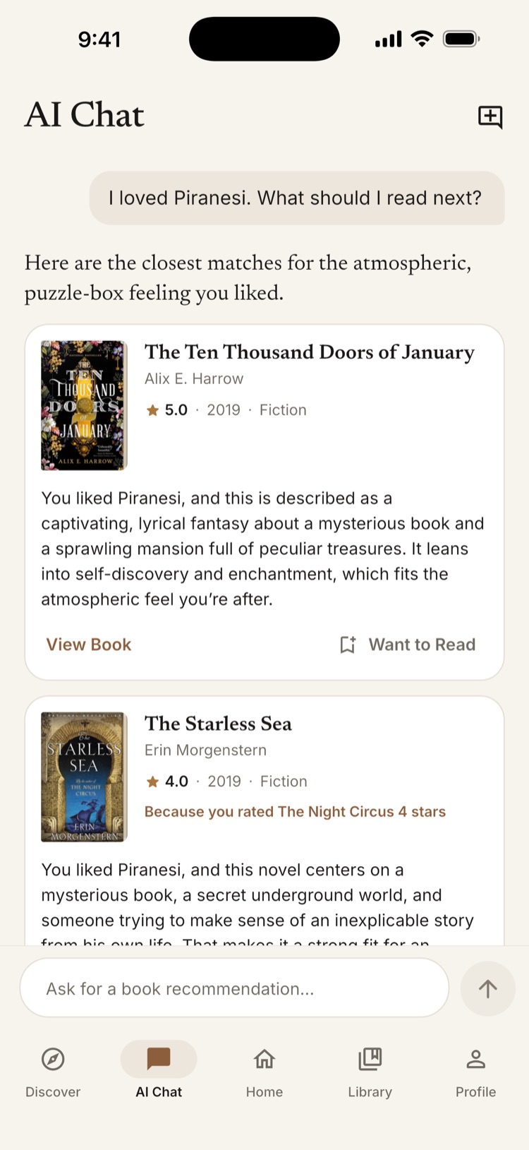 The AI Chat screen recommending books similar to Piranesi