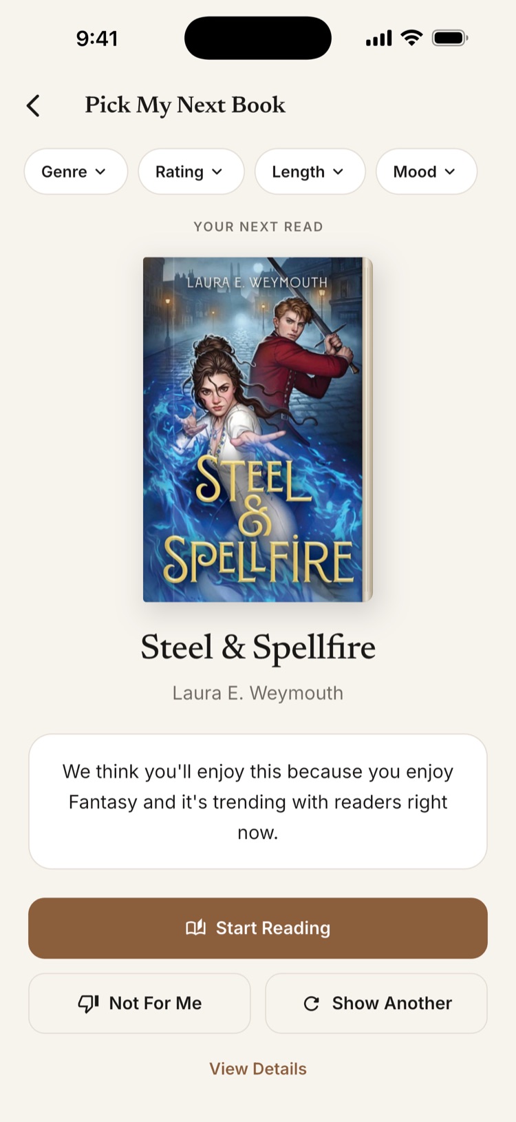 Pick My Next Book showing a single recommended book