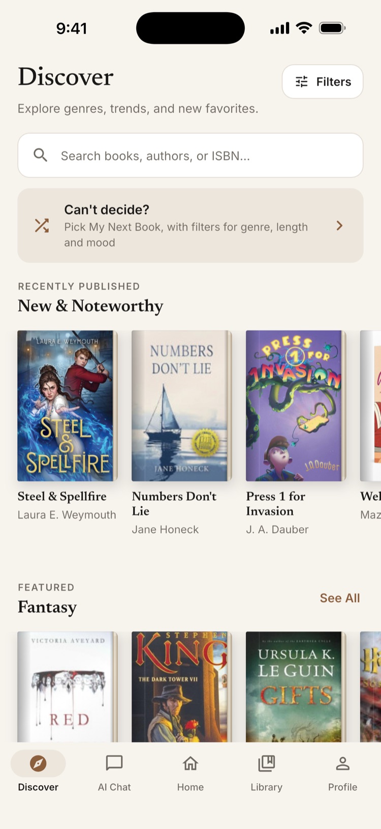 The Discover screen with genres and featured shelves