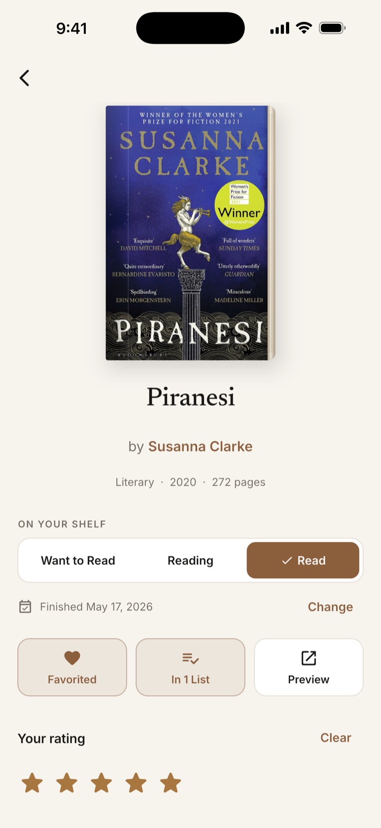 A book detail page with description, rating and shelf options