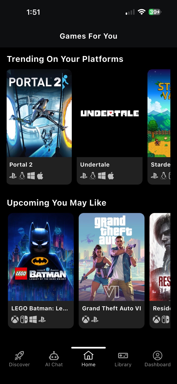 GameArchive+ home screen showing games trending on your platforms