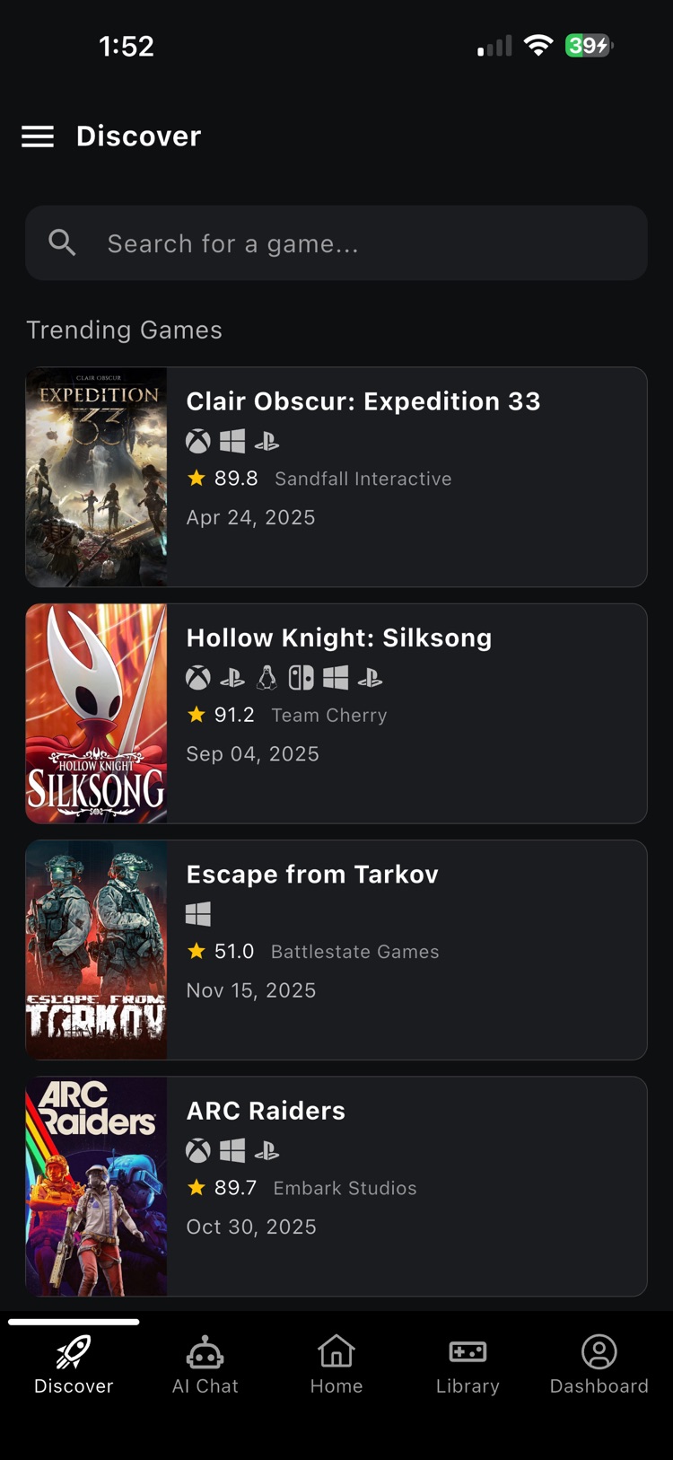 Discover screen listing trending games with ratings and release dates