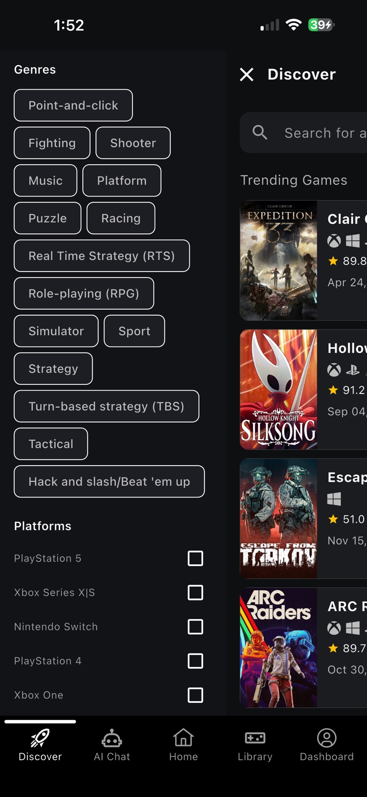 Genre and platform filters on the Discover screen