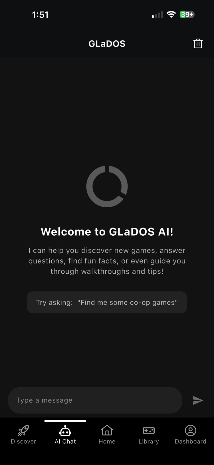 The GLaDOS AI chat welcome screen