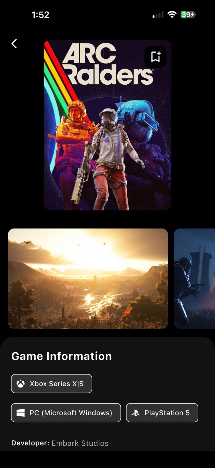 A game detail page showing platforms and developer information
