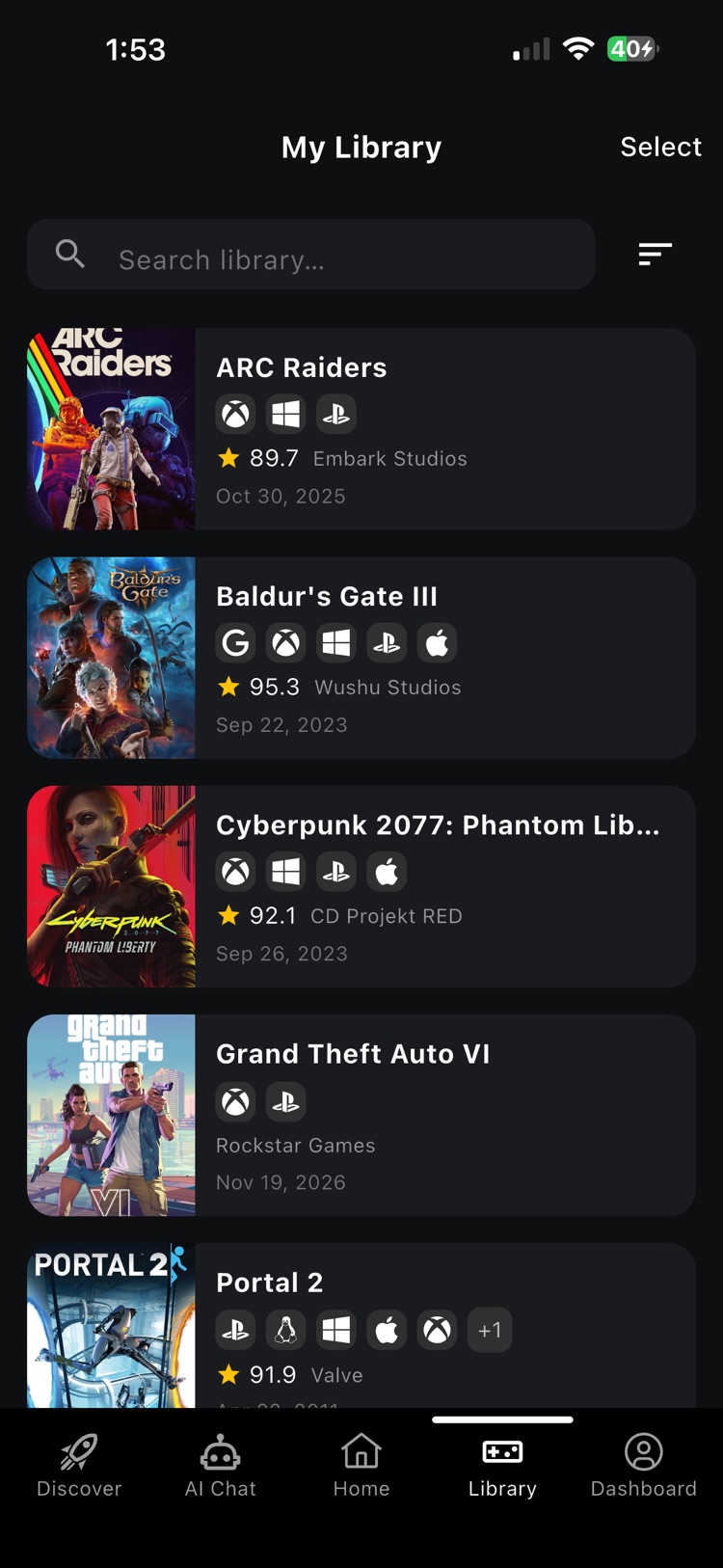 My Library listing saved games with ratings