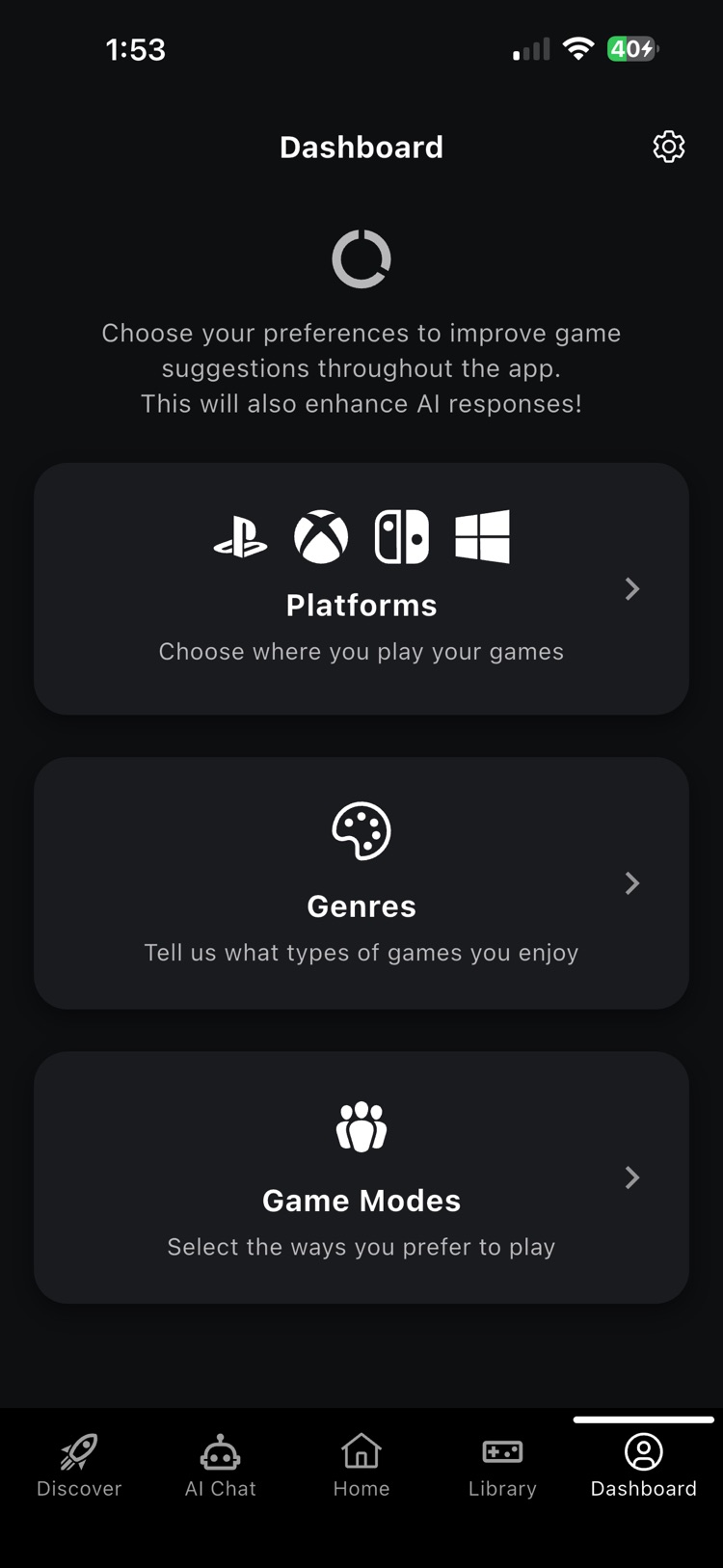Dashboard for choosing platforms, genres and game modes