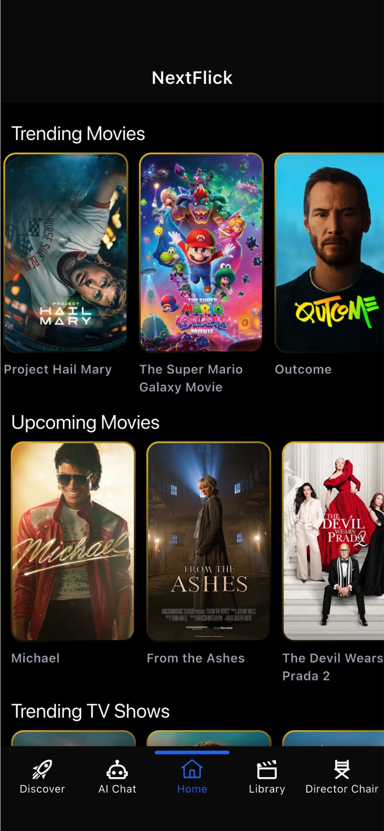 NextFlick home screen showing trending and upcoming movies