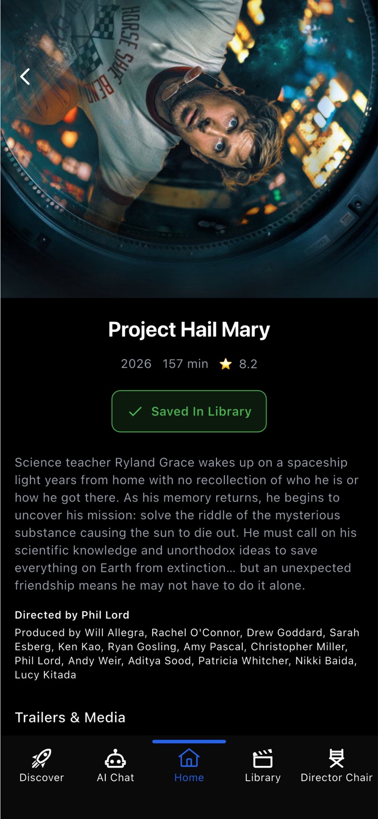 A film detail page with synopsis and a Save to Library button