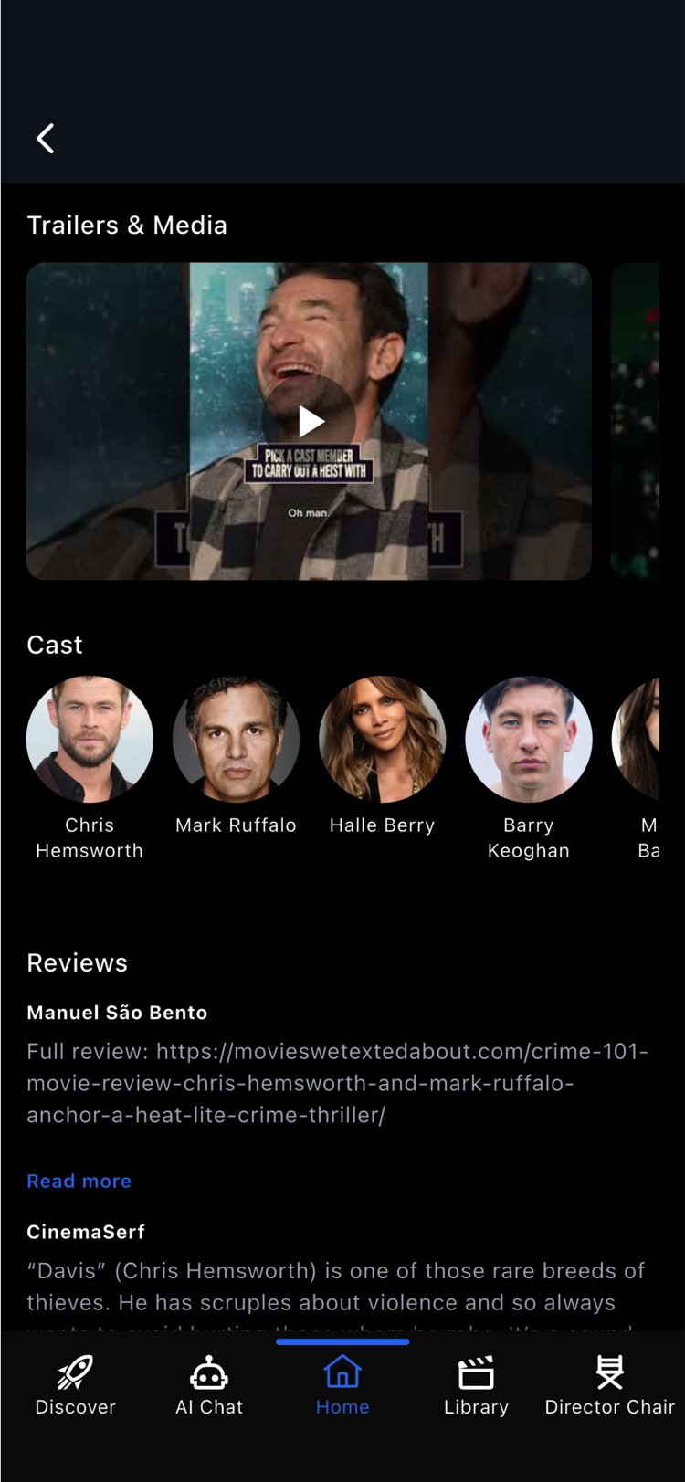 Trailers, cast and reviews on a title page