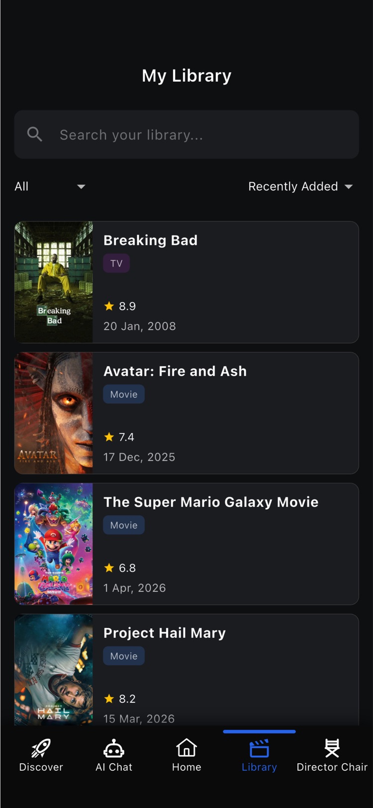 My Library showing saved films and shows