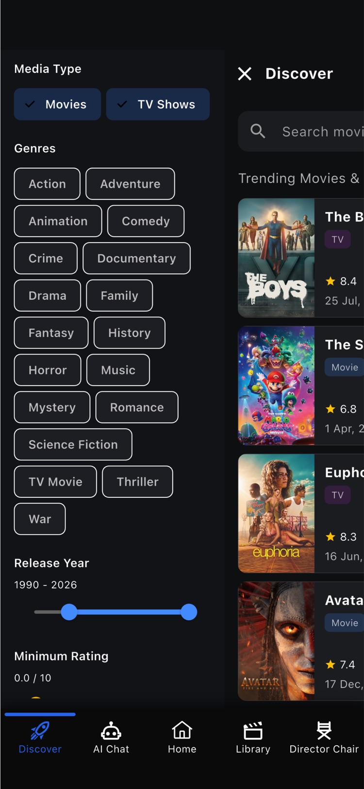 Discover filters for media type, genre, release year and minimum rating